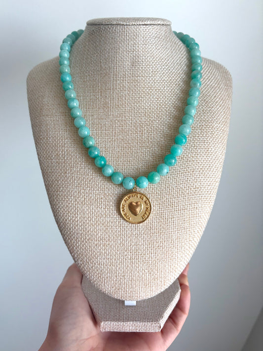 Amazonite Heart Coin Necklace | “You Are Always in My Heart” Gold-Filled Pendant