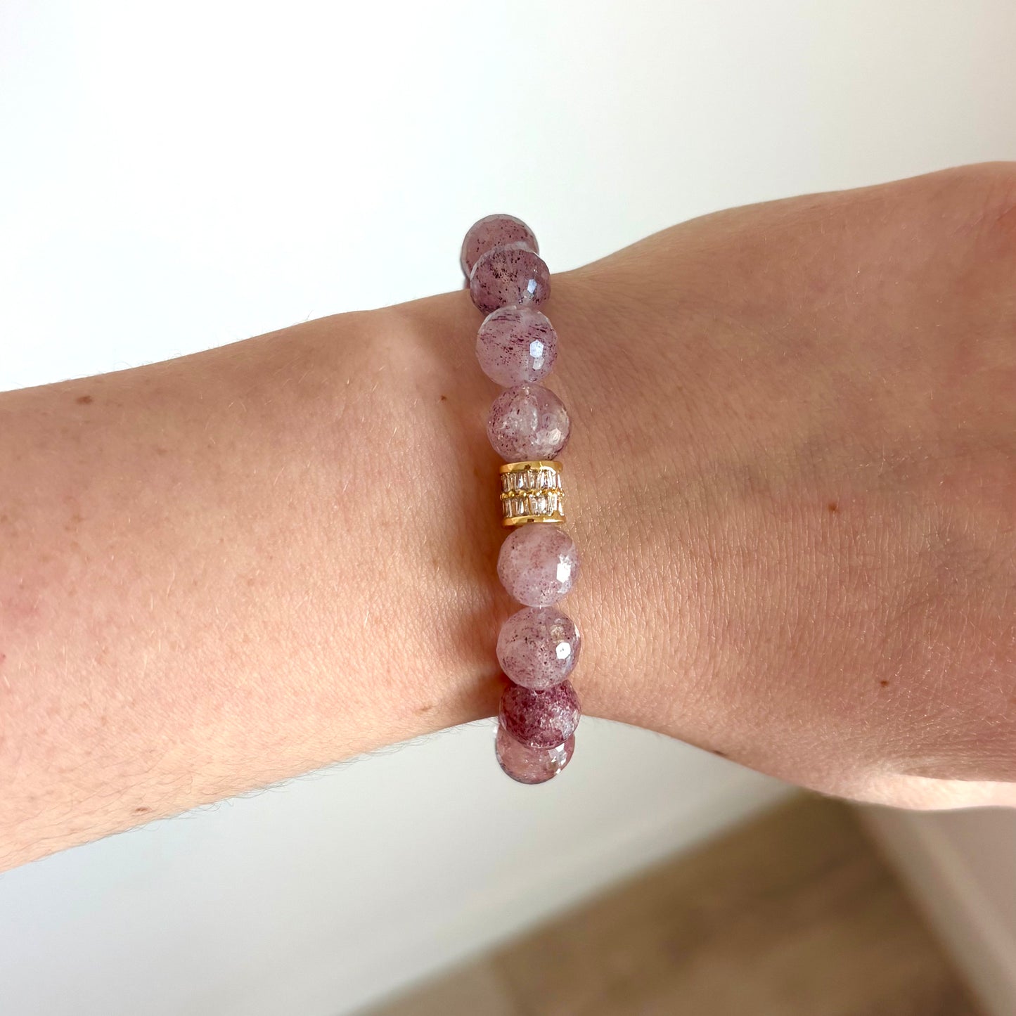 Strawberry Quartz Stretch Bracelet with 18k Gold-Filled & CZ Spacer