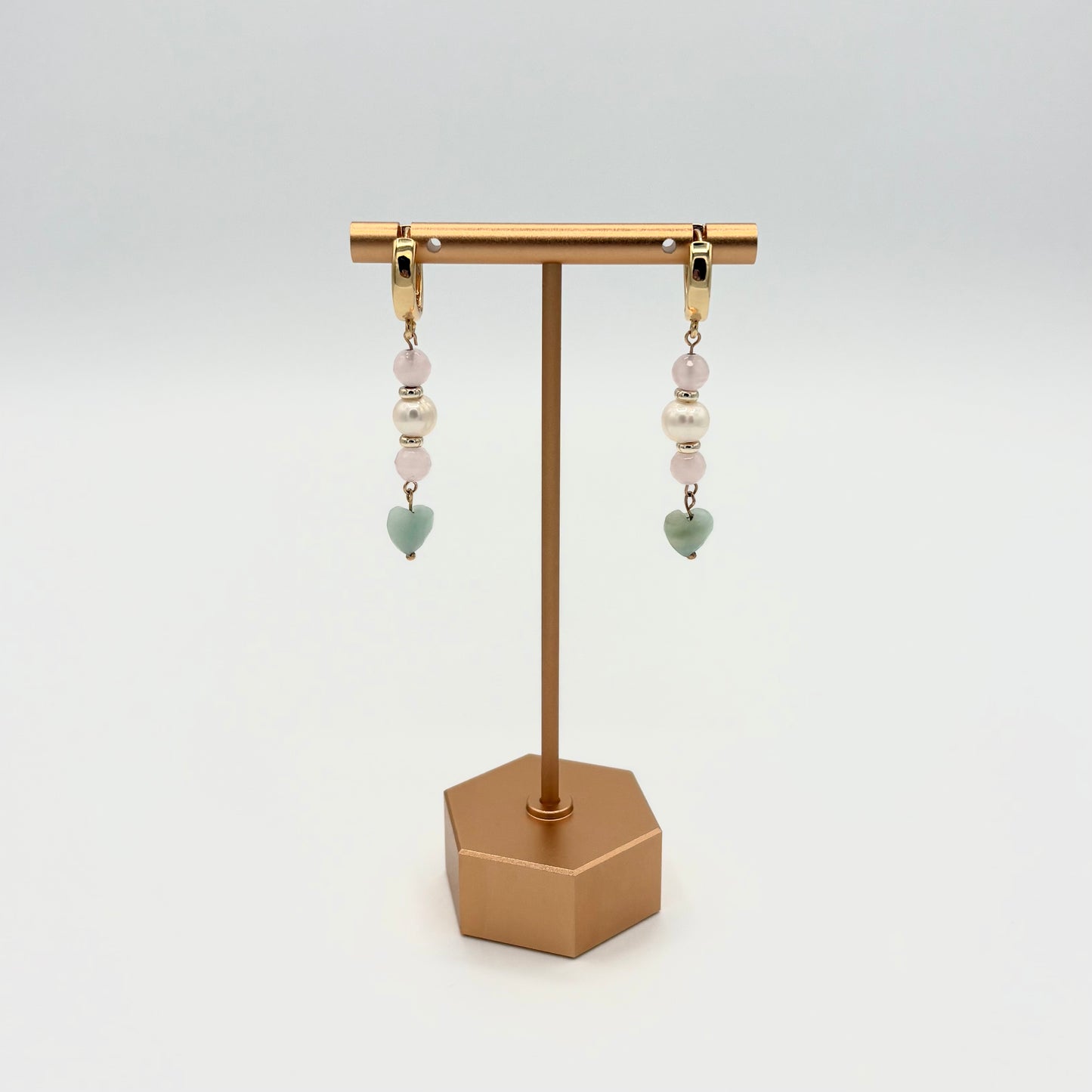 18k Gold-Filled Rose Quartz, Amazonite & Freshwater Pearl Huggie Hoop Dangle Earrings