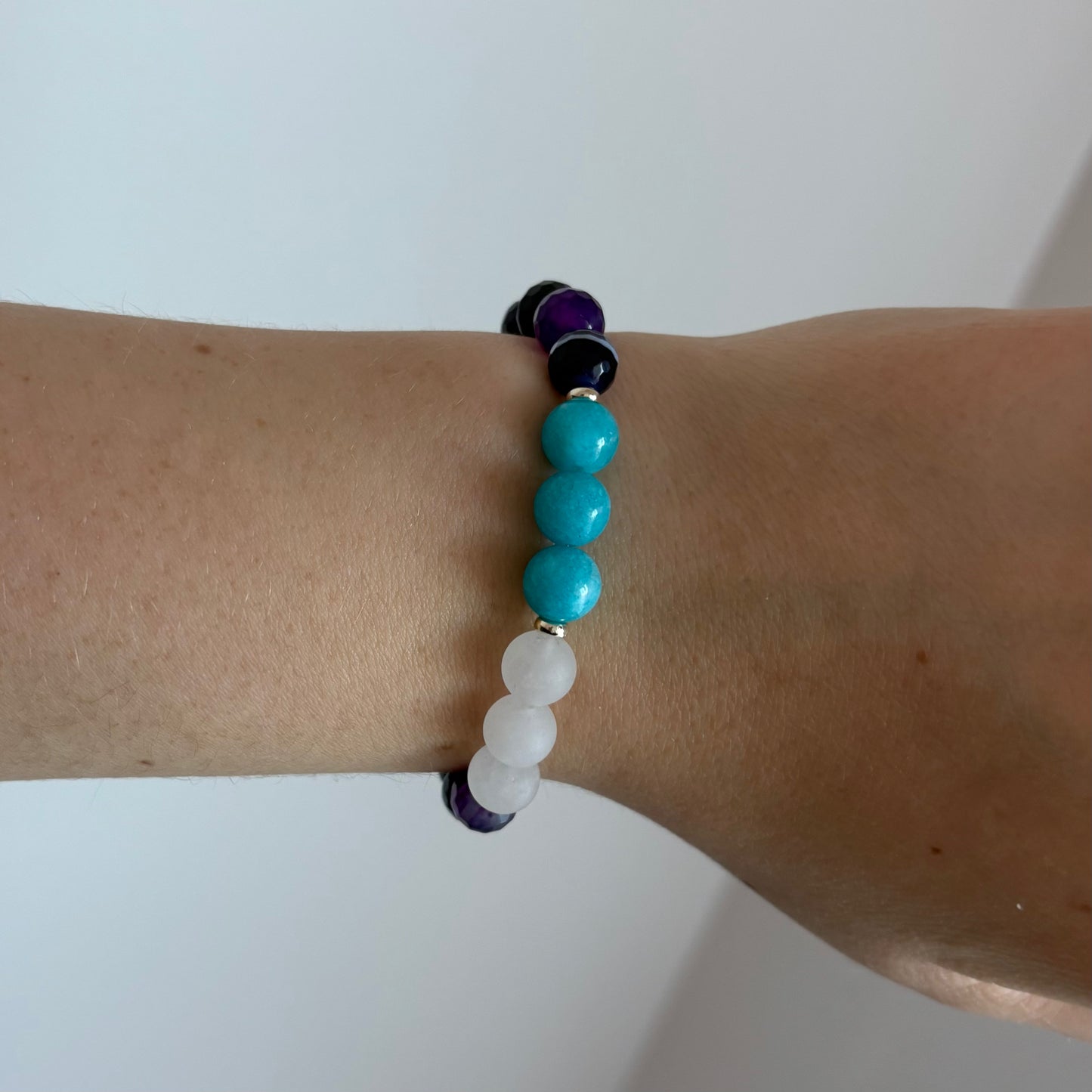 Amethyst, White Jade & Blue Quartz Stretch Bracelet with 18k Gold-Filled Spacers