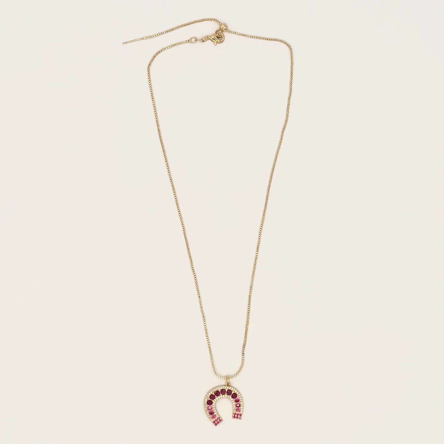 24K Gold-Filled Adjustable Box Chain Necklace with CZ Horseshoe Pendant