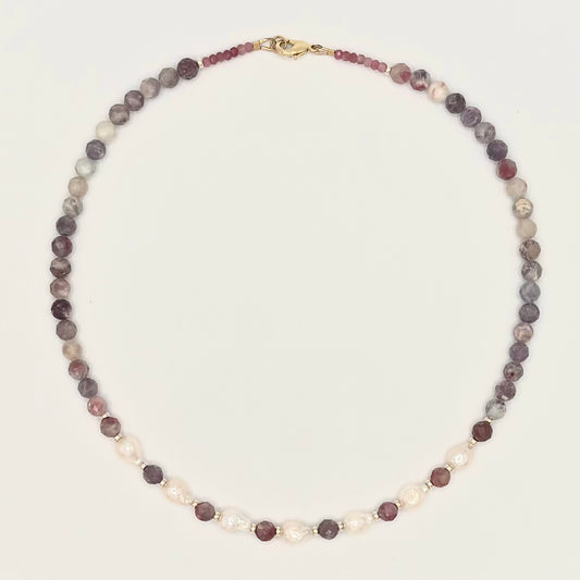 Pink Tourmaline, Lepidolite Quartz & Freshwater Pearls with 18k Gold-Filled Findings