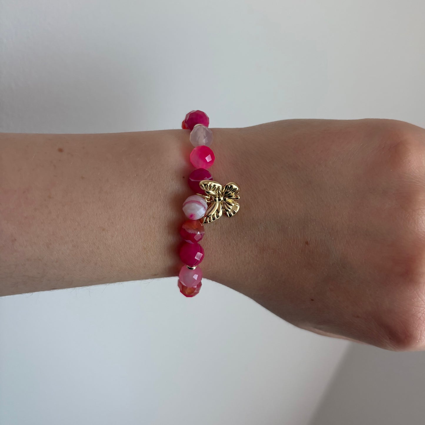 Magenta Sardonyx Stretch Bracelet with 24k Gold-Filled Butterfly Charm