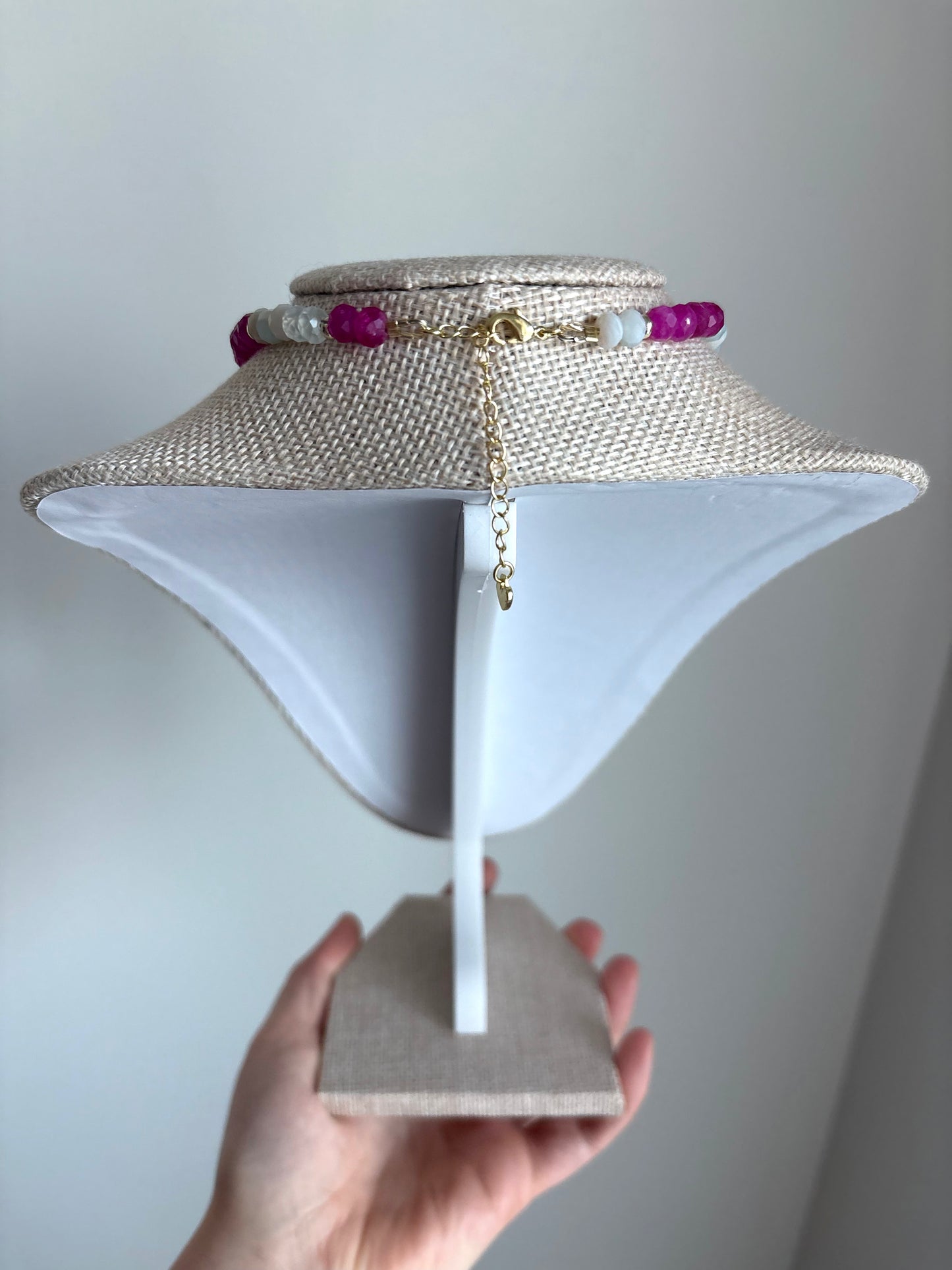 Aqua Agate & Ruby Jade Necklace with 18k Gold-Filled Heart Pendant