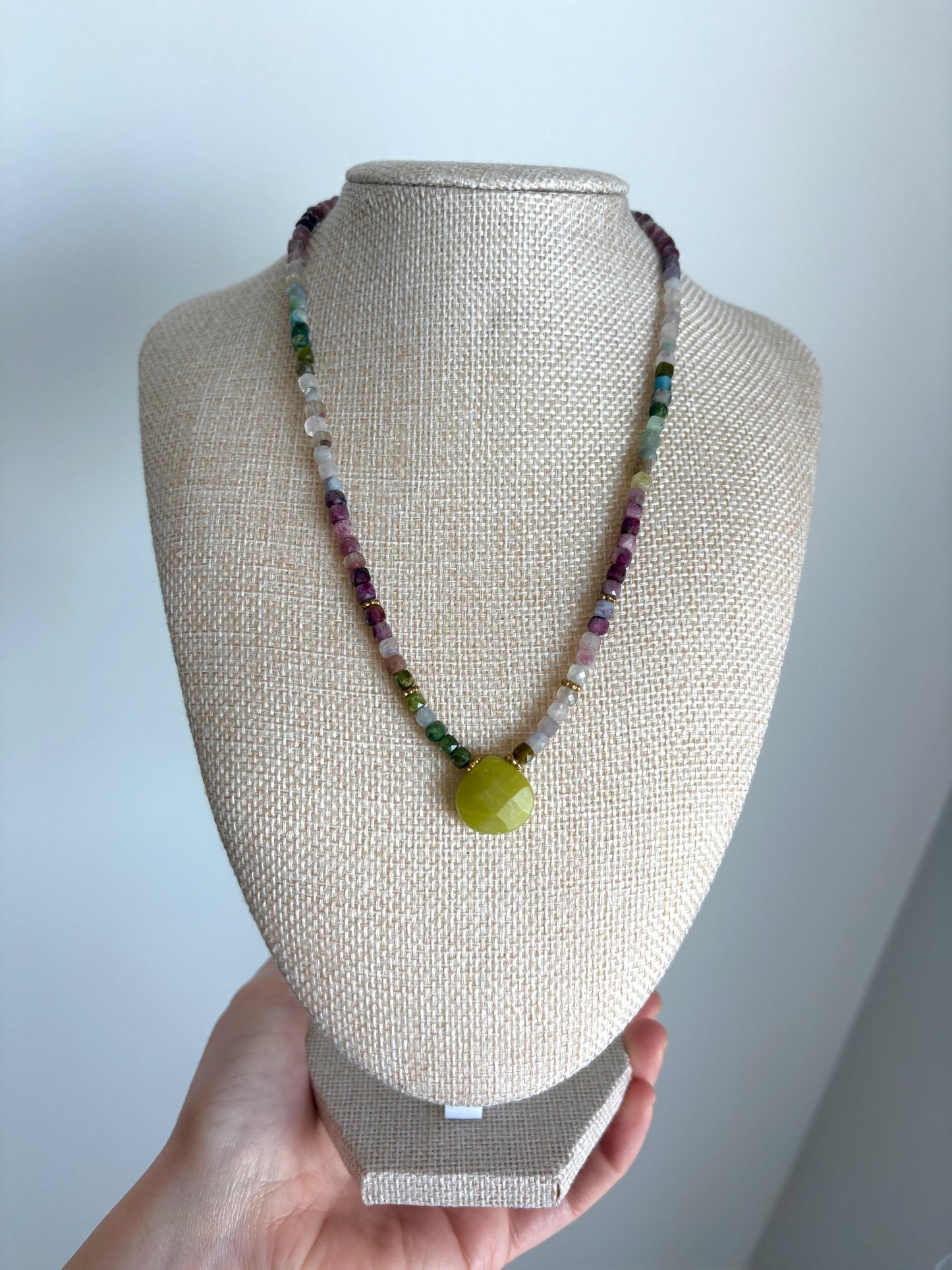 Watermelon Tourmaline & Jade Peridot Necklace | Gold Vermeil Daisy Accents