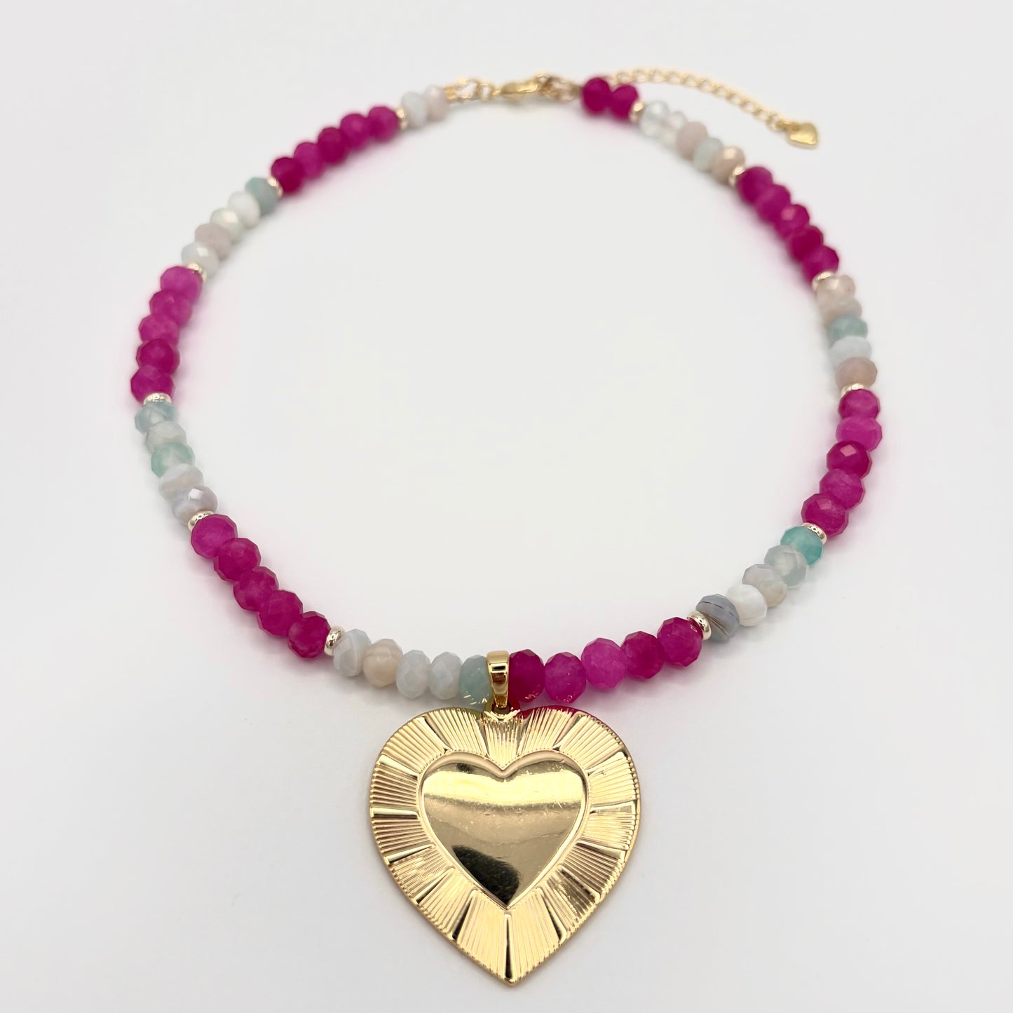 Aqua Agate & Ruby Jade Necklace with 18k Gold-Filled Heart Pendant