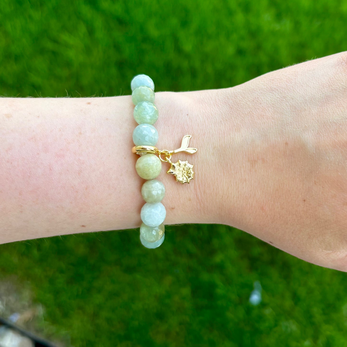 Aquamarine Whale Tail & Shell Stretch Bracelet | 24K Gold Filled Charms