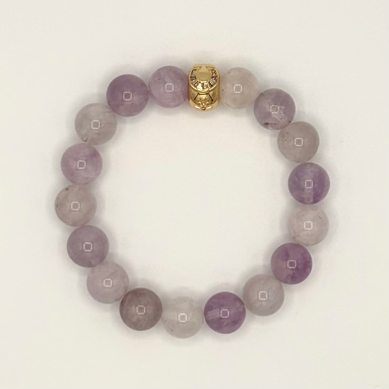 Lavender Amethyst “Good Luck” Bracelet – 10mm Gemstone Stretch with Gold Horseshoe Charm