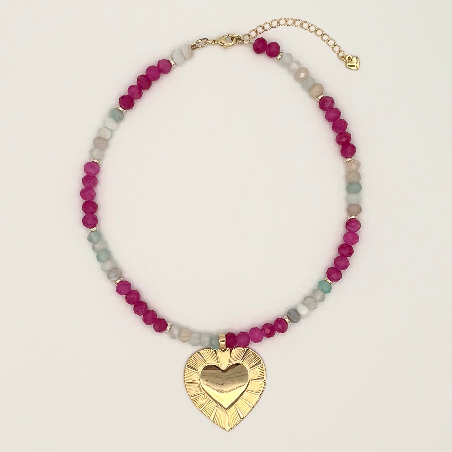 Aqua Agate & Ruby Jade Necklace with 18k Gold-Filled Heart Pendant