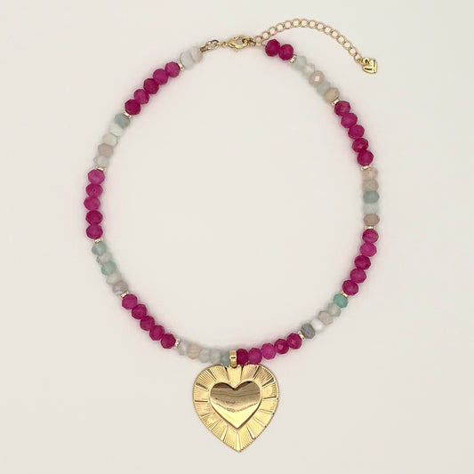 Aqua Agate & Ruby Jade Necklace with 18k Gold-Filled Heart Pendant