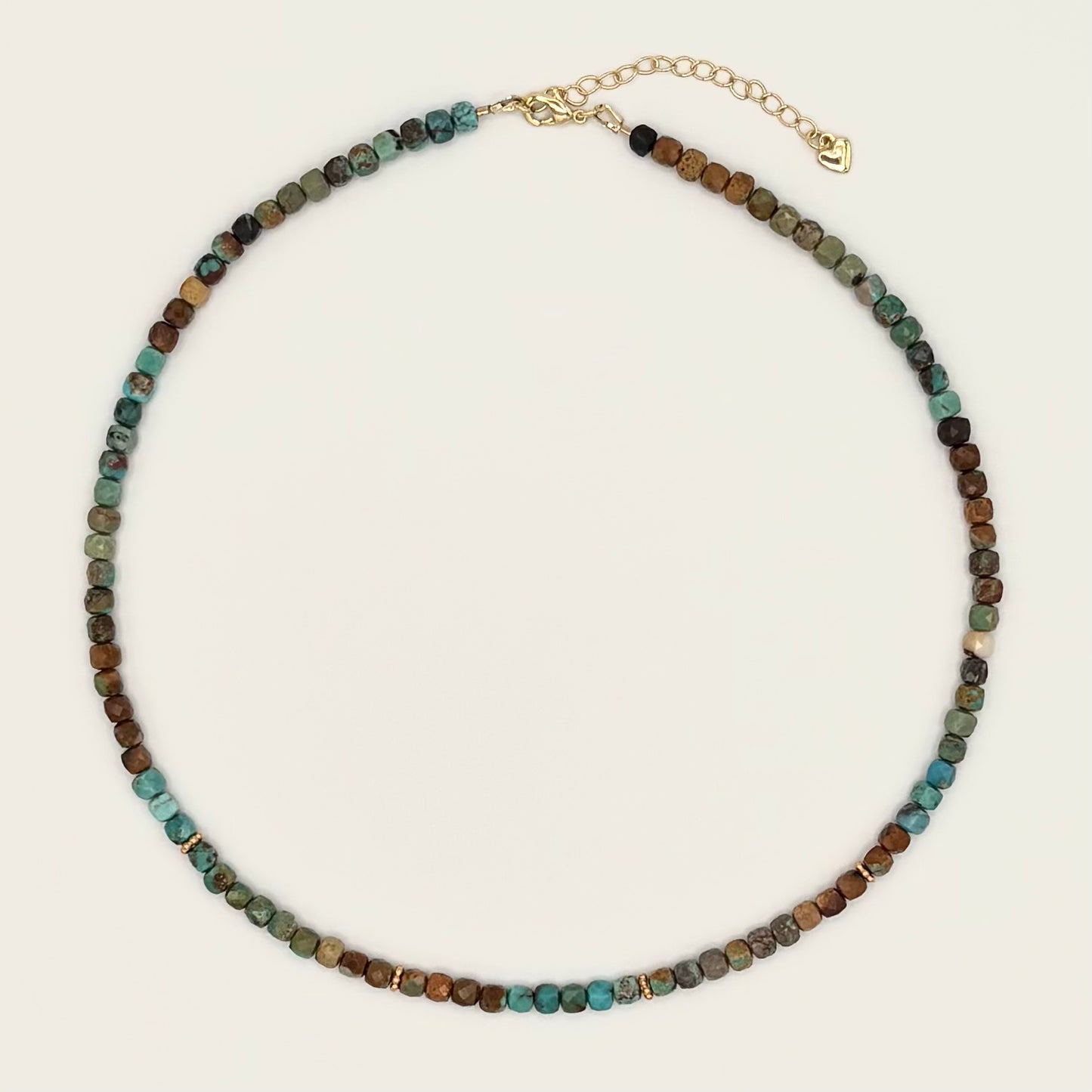 Earth Tones Faceted Turquoise Necklace with Gold Vermeil Daisy Spacers & Heart Extender (16–18”)