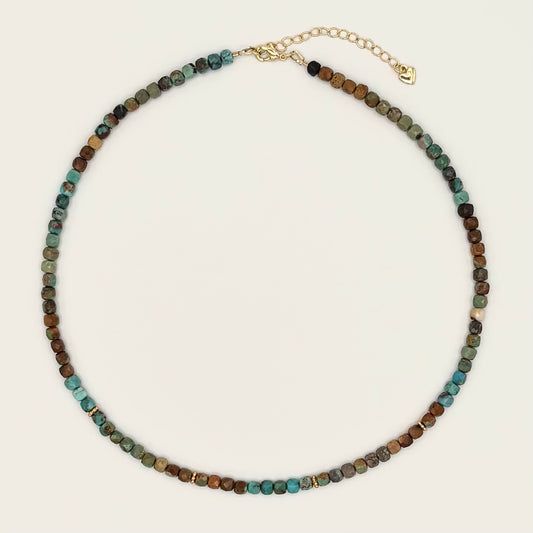 Earth Tones Faceted Turquoise Necklace with Gold Vermeil Daisy Spacers & Heart Extender (16–18”)