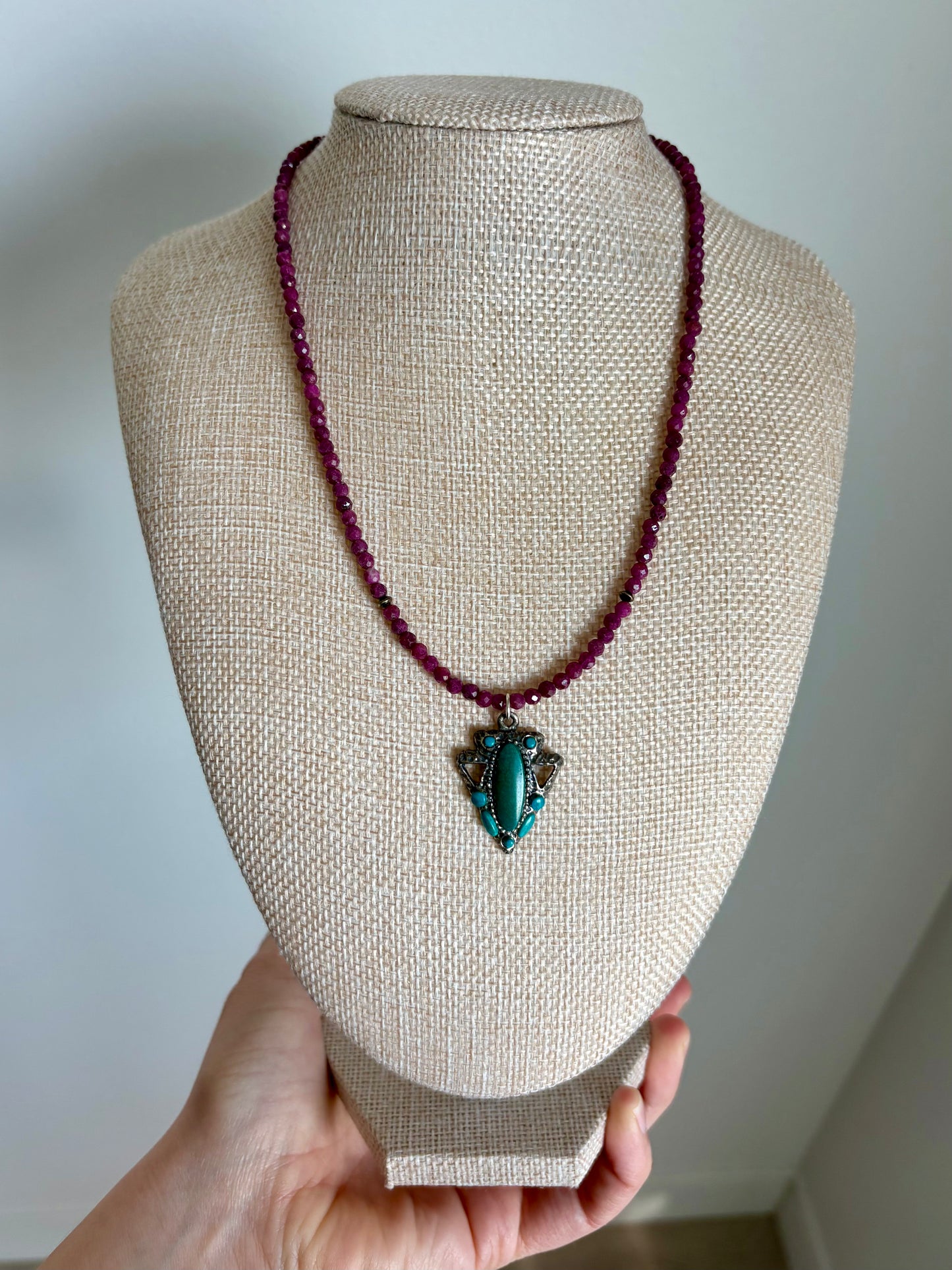 Ruby Bead Necklace with Vintage Sterling Silver Arrowhead Pendant & Turquoise Accents (16.5”)