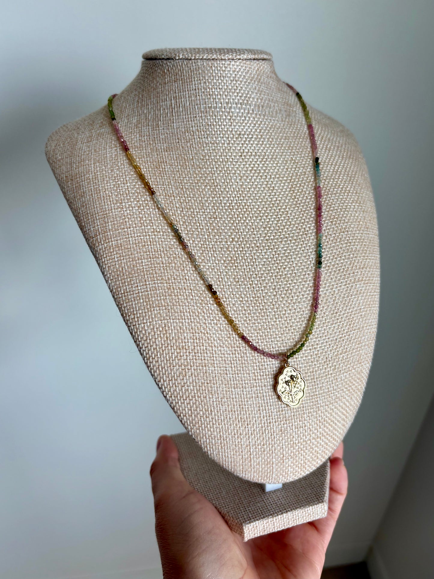 Watermelon Tourmaline Ombre Necklace with Gold-Filled Tulip Charm & Puffy Heart Extender (18–20”)