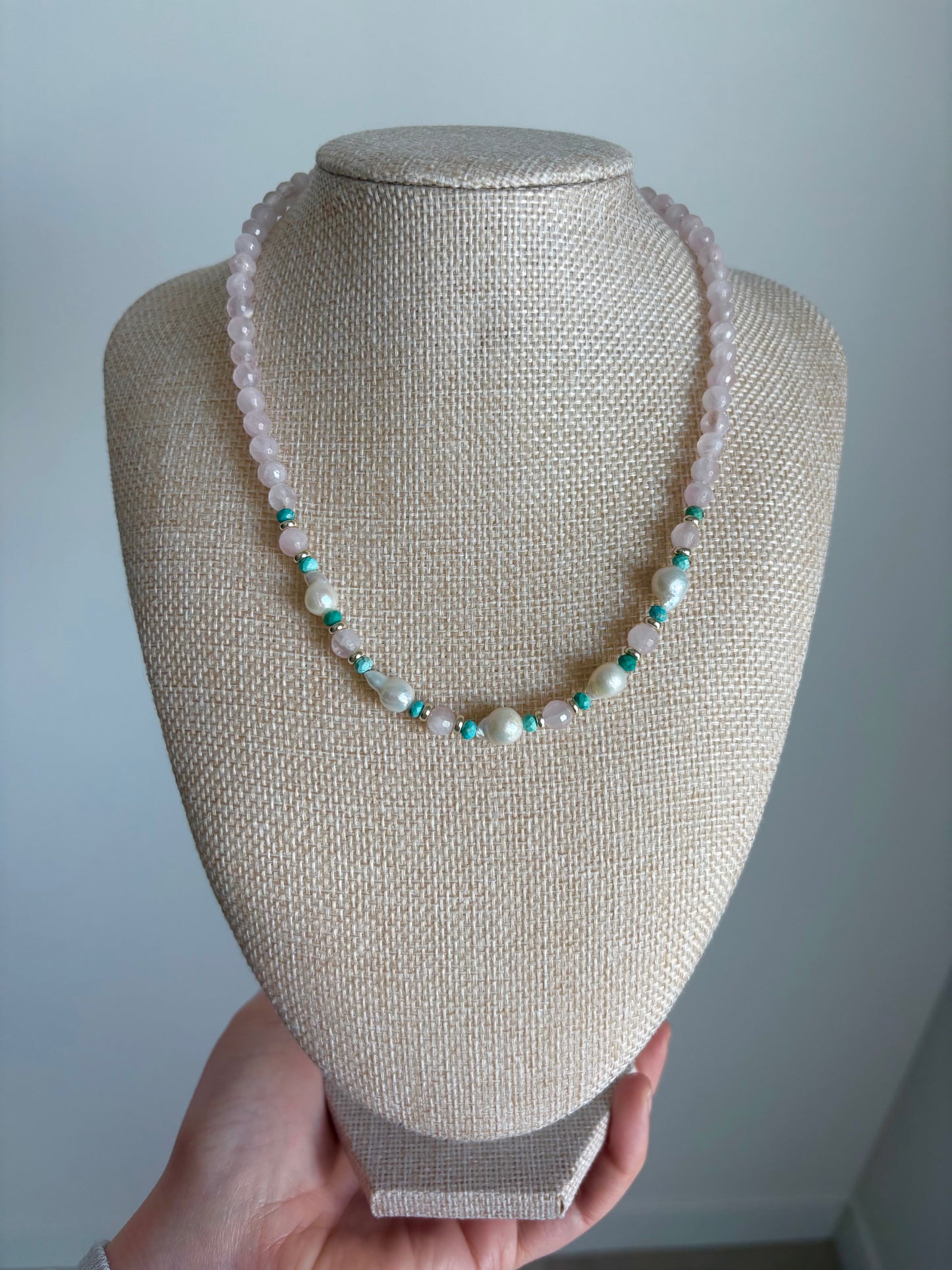 Rose Quartz & Turquoise Necklace | Freshwater Pearls & 18K Gold-Filled Details