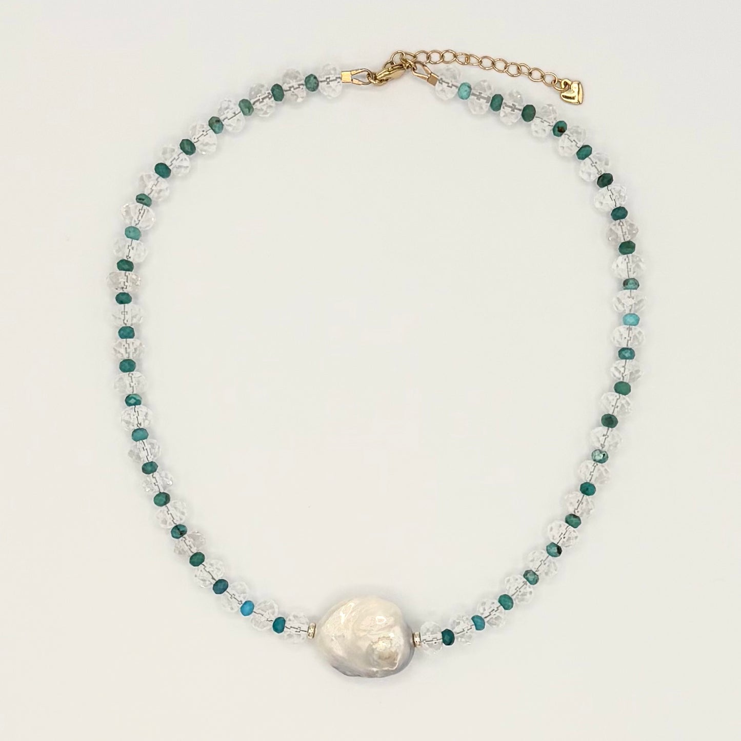 Clear Quartz & Turquoise Necklace with Baroque Freshwater Pearl – 15”