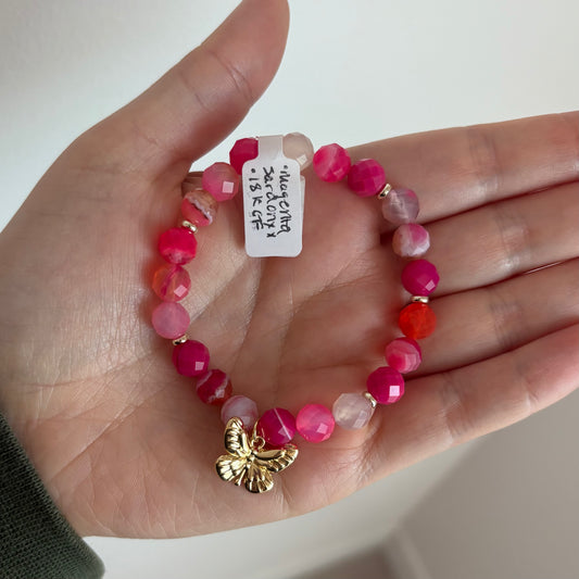 Magenta Sardonyx Stretch Bracelet with 24k Gold-Filled Butterfly Charm