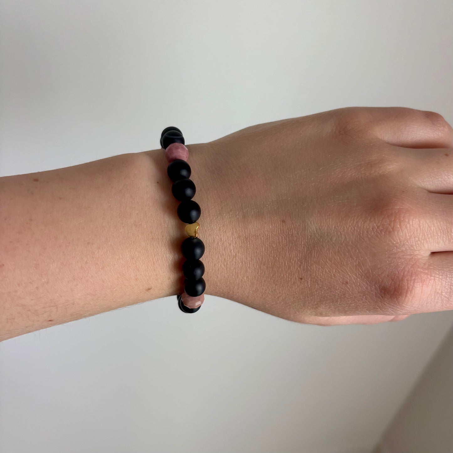Sardonyx & Rhodonite Stretch Bracelet with 18k Gold-Filled Heart Spacer