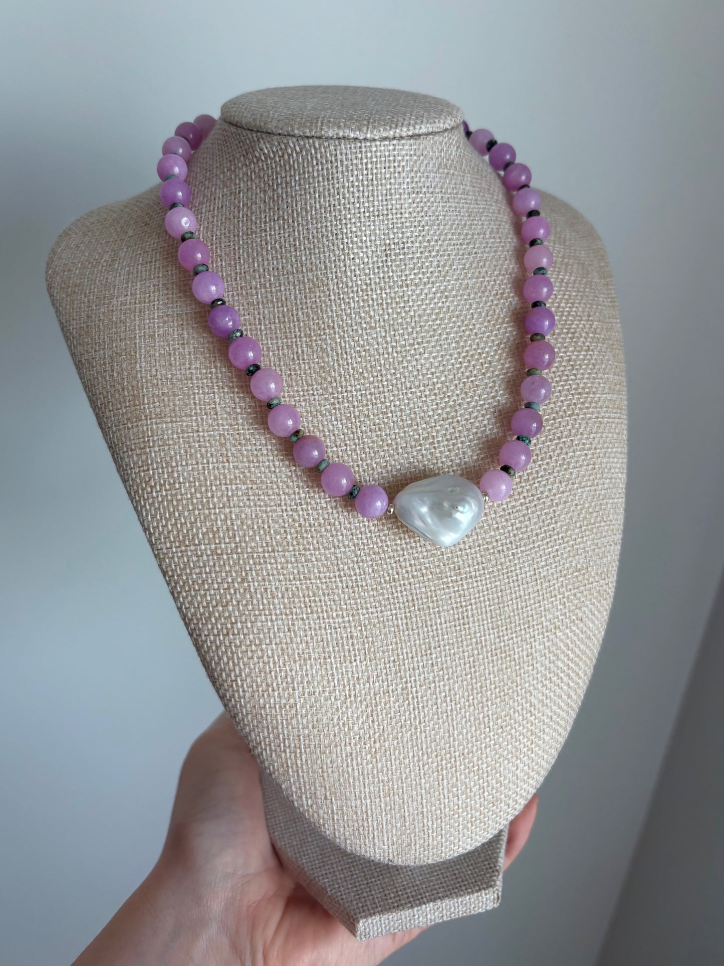 Purple Agate & Turquoise Necklace with Baroque Pearl | 18K Gold-Filled Accents