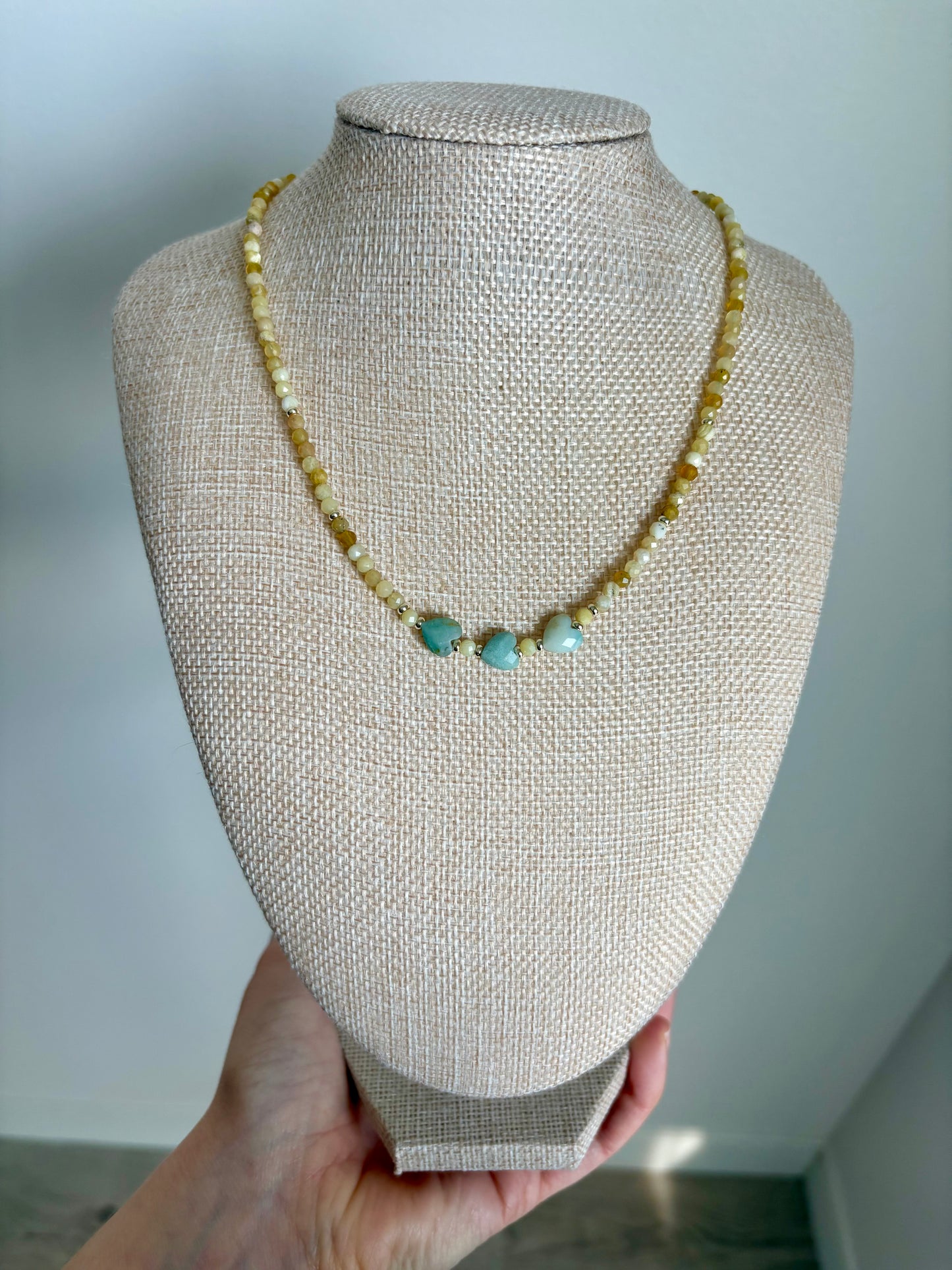 African Yellow Opal Necklace with Amazonite Heart Accents & Gold-Filled Puffy Heart Extender (15–17”)