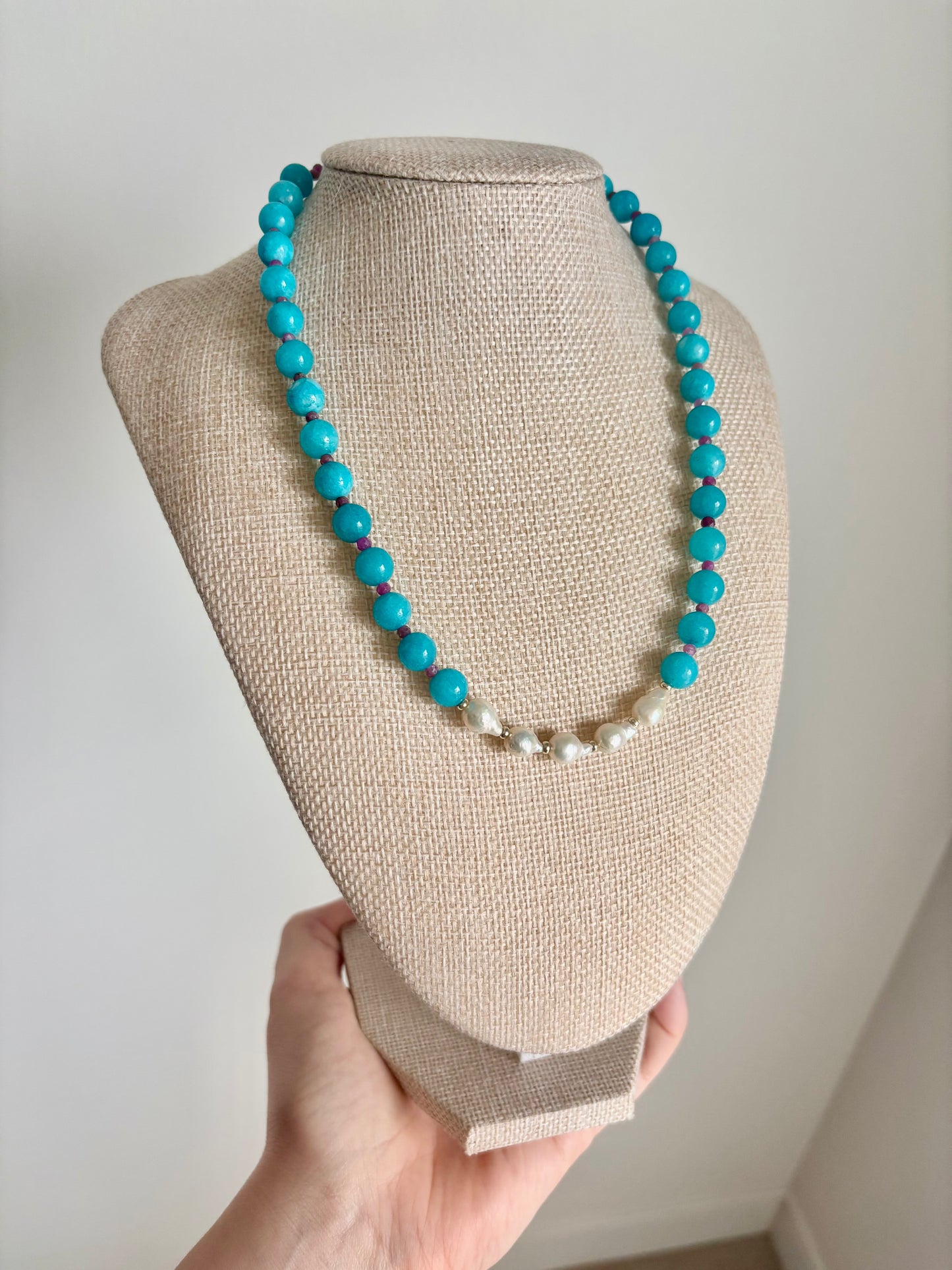 Blue Quartz & Pink Tourmaline Necklace with Freshwater Pearl Center – 17”