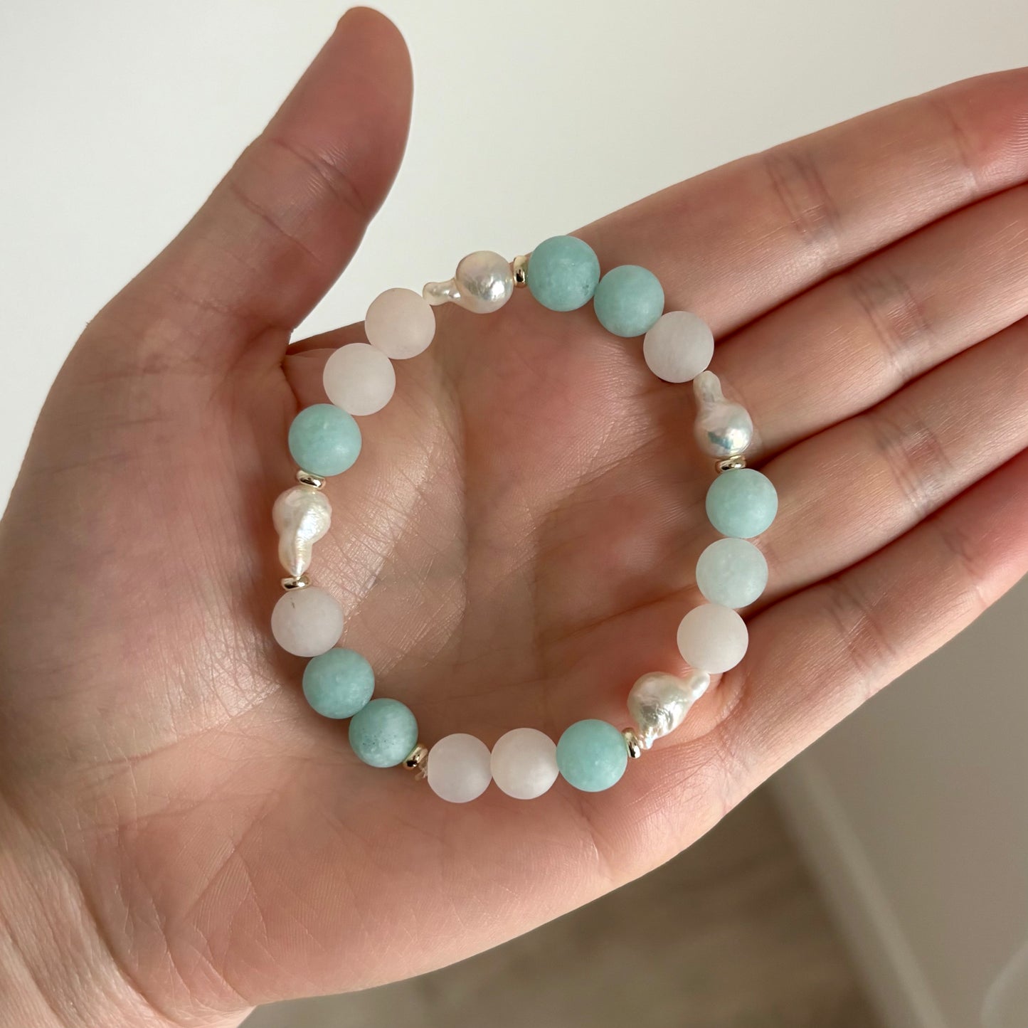 Amazonite, Freshwater Pearl & Aventurine Stretch Bracelet with 18k Gold-Filled Spacers