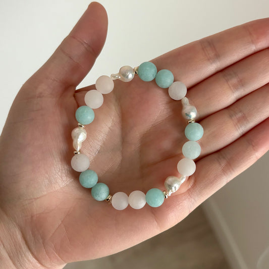 Amazonite, Freshwater Pearl & Aventurine Stretch Bracelet with 18k Gold-Filled Spacers
