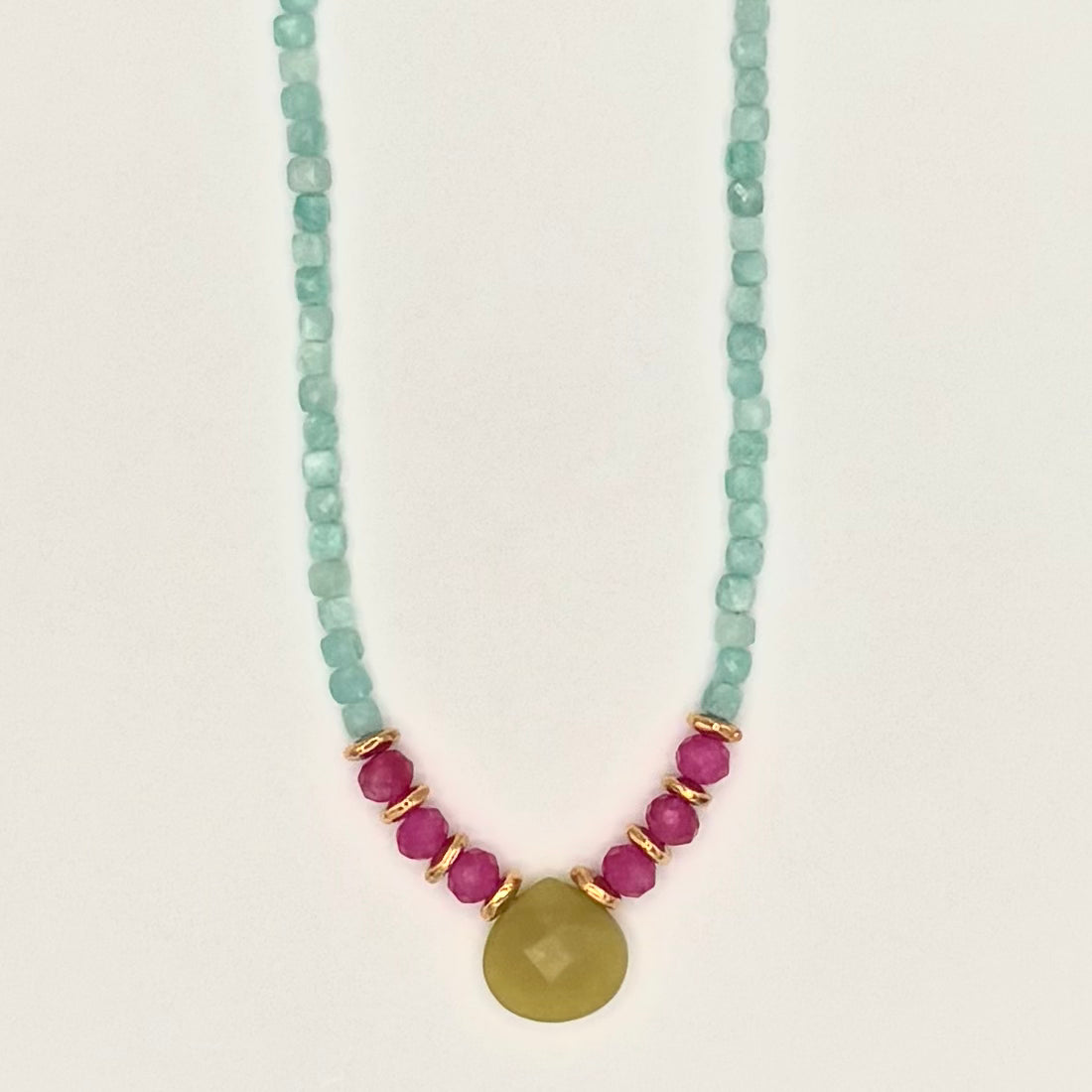 Amazonite Necklace with Teardrop Peridot Jade Pendant & Magenta Sardonyx Accents with Gold-Filled Puffy Heart Extender (15–17”)
