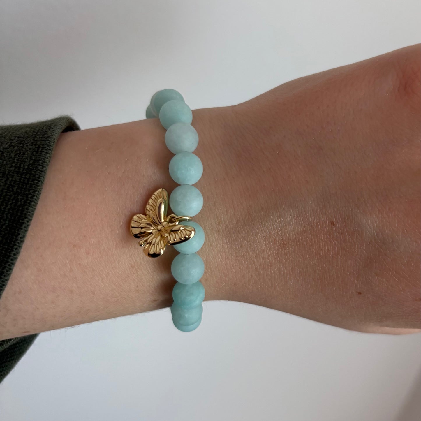 Amazonite Stretch Bracelet with 24k Gold-Filled Butterfly Charm