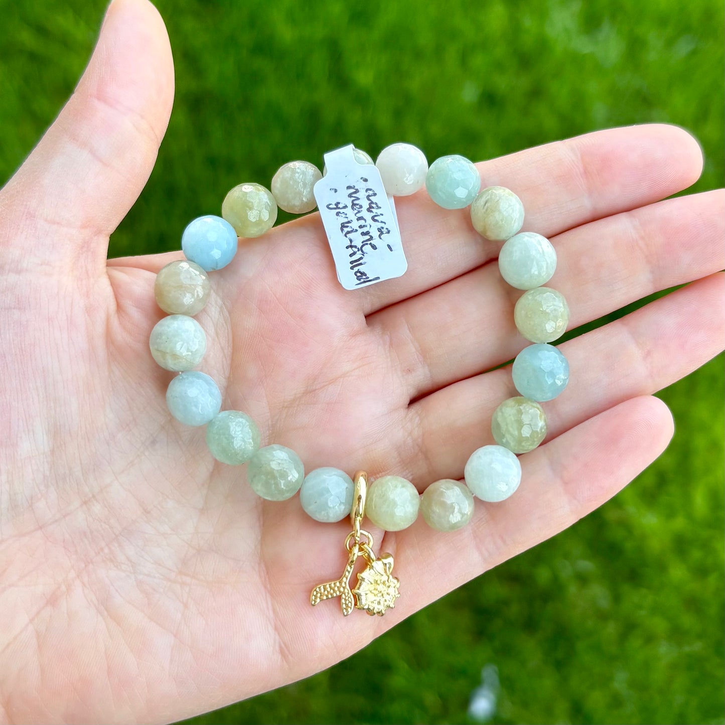 Aquamarine Whale Tail & Shell Stretch Bracelet | 24K Gold Filled Charms
