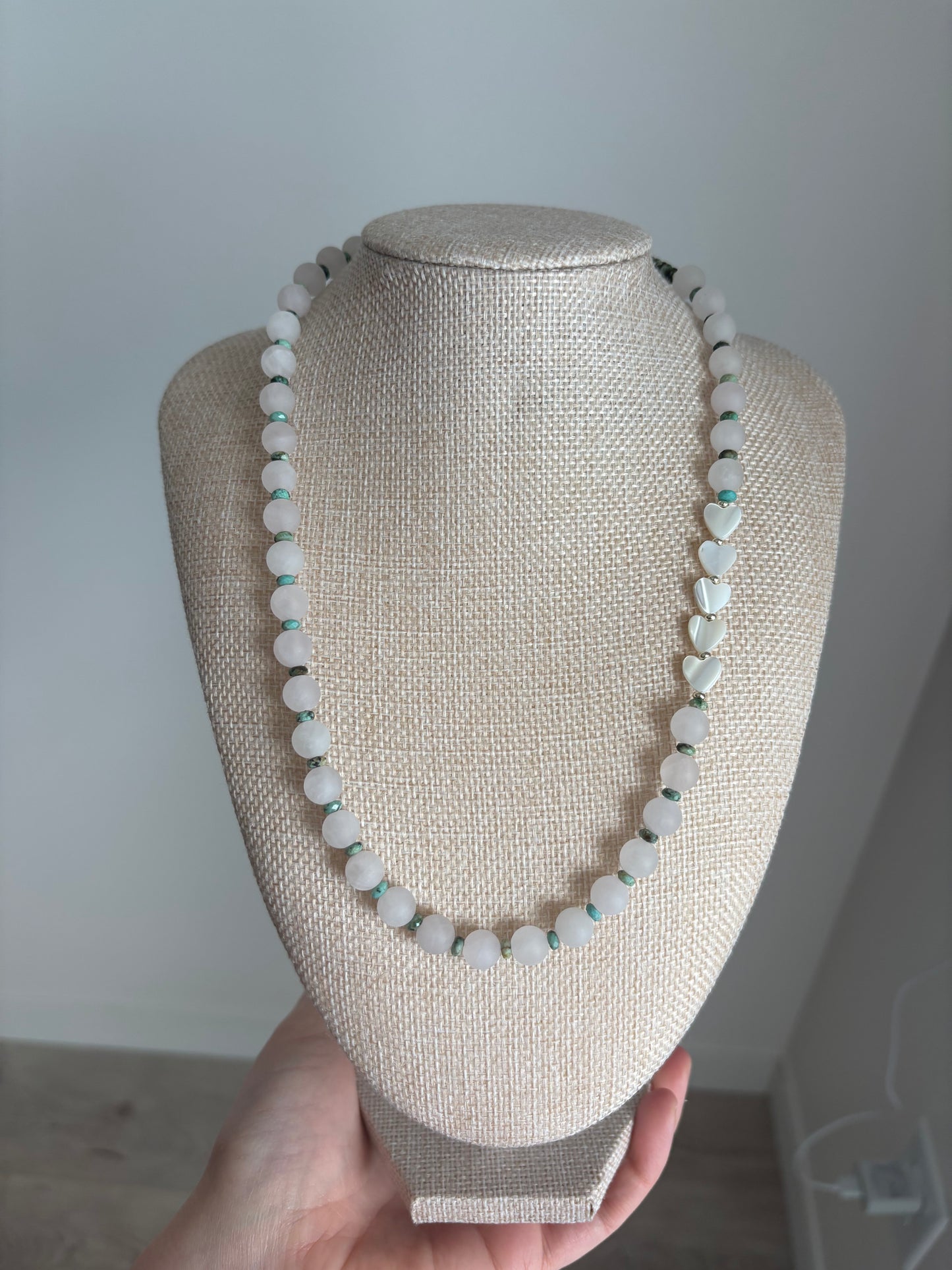 Rose Quartz Necklace with African Turquoise & Mother of Pearl Hearts | 20” Gold-Filled