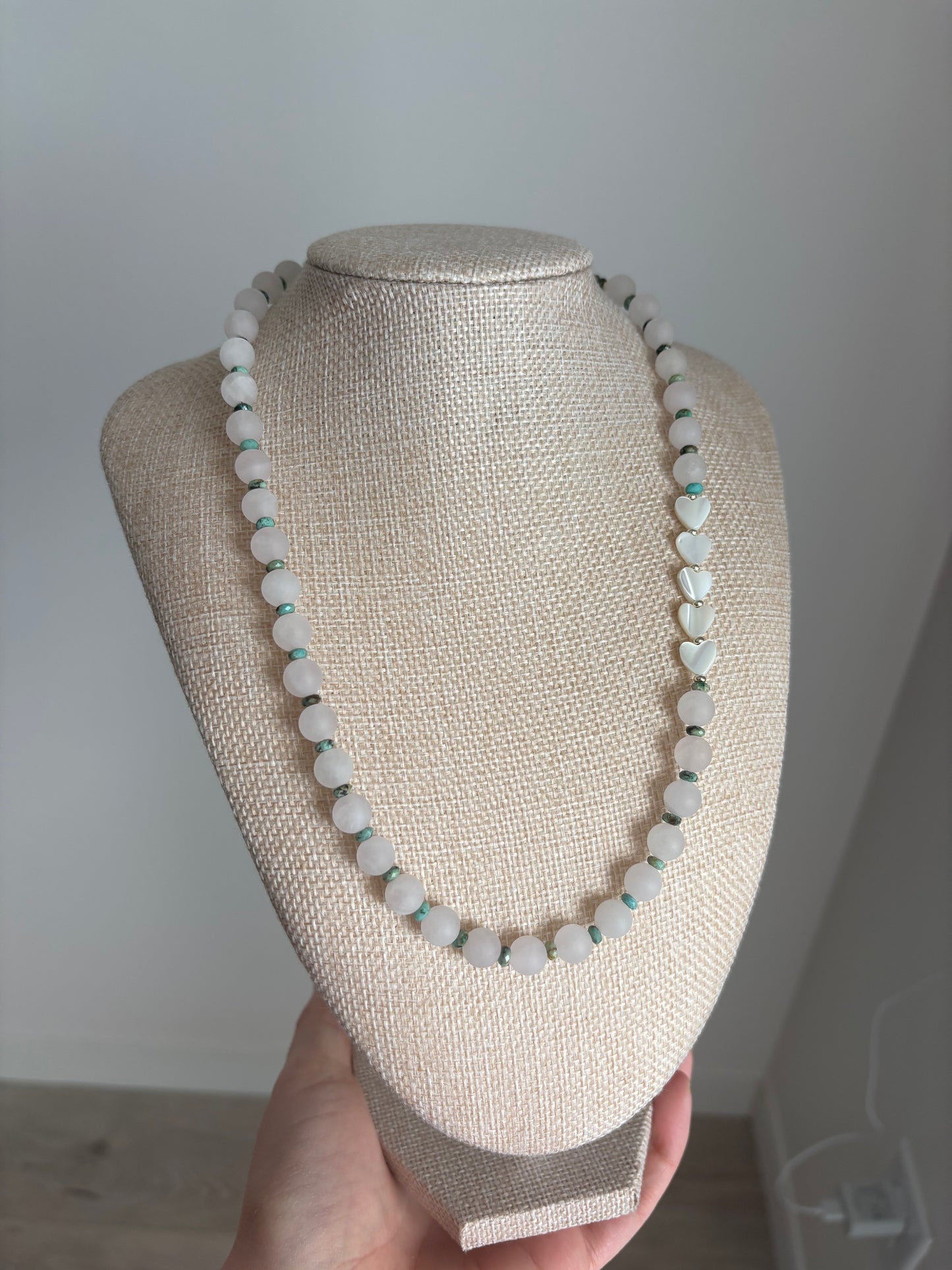 Rose Quartz Necklace with African Turquoise & Mother of Pearl Hearts | 20” Gold-Filled