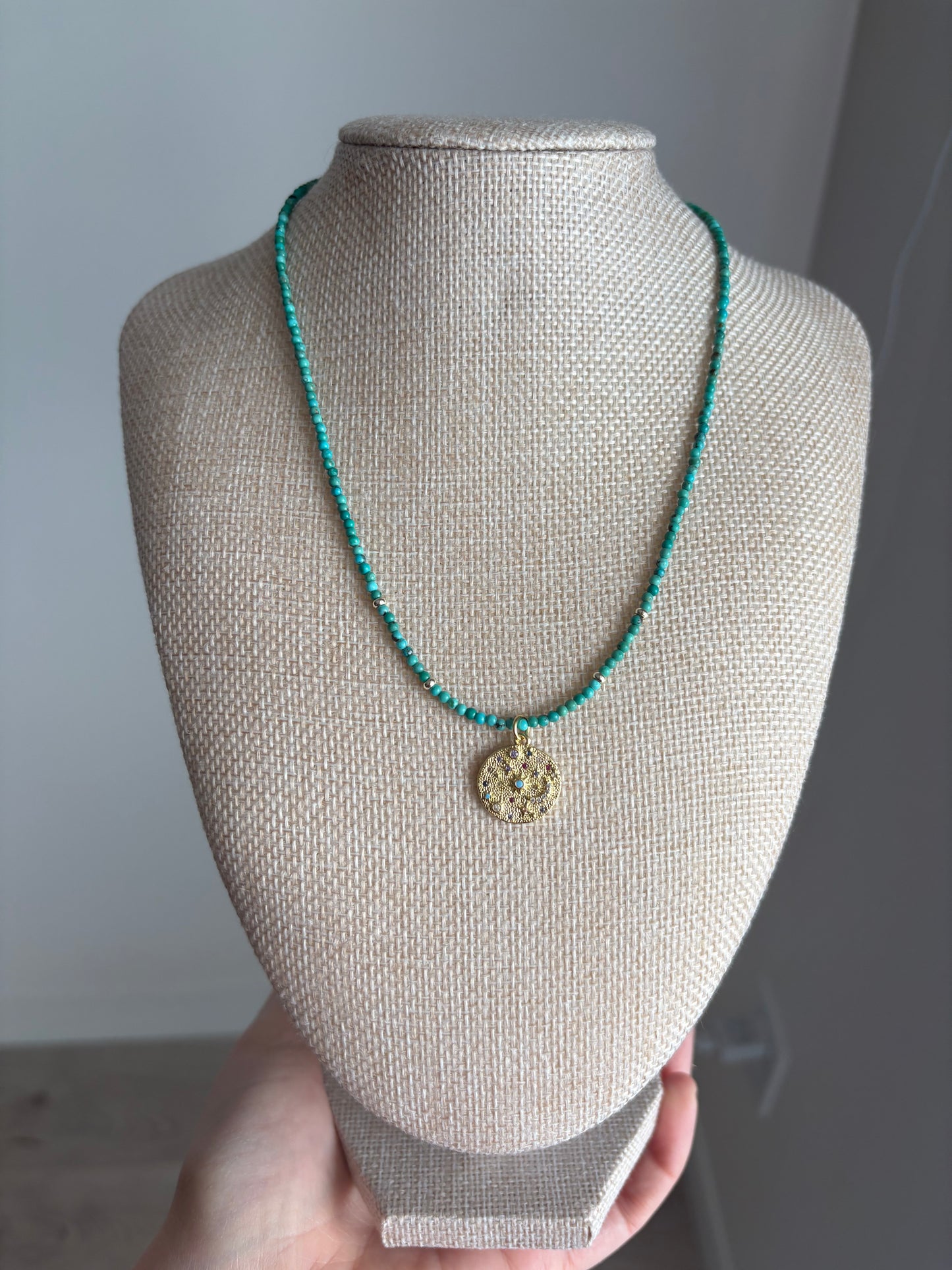 Turquoise Necklace with 24K Gold-Plated Celestial Pendant & Multicolor Stones | 18” Gold-Filled
