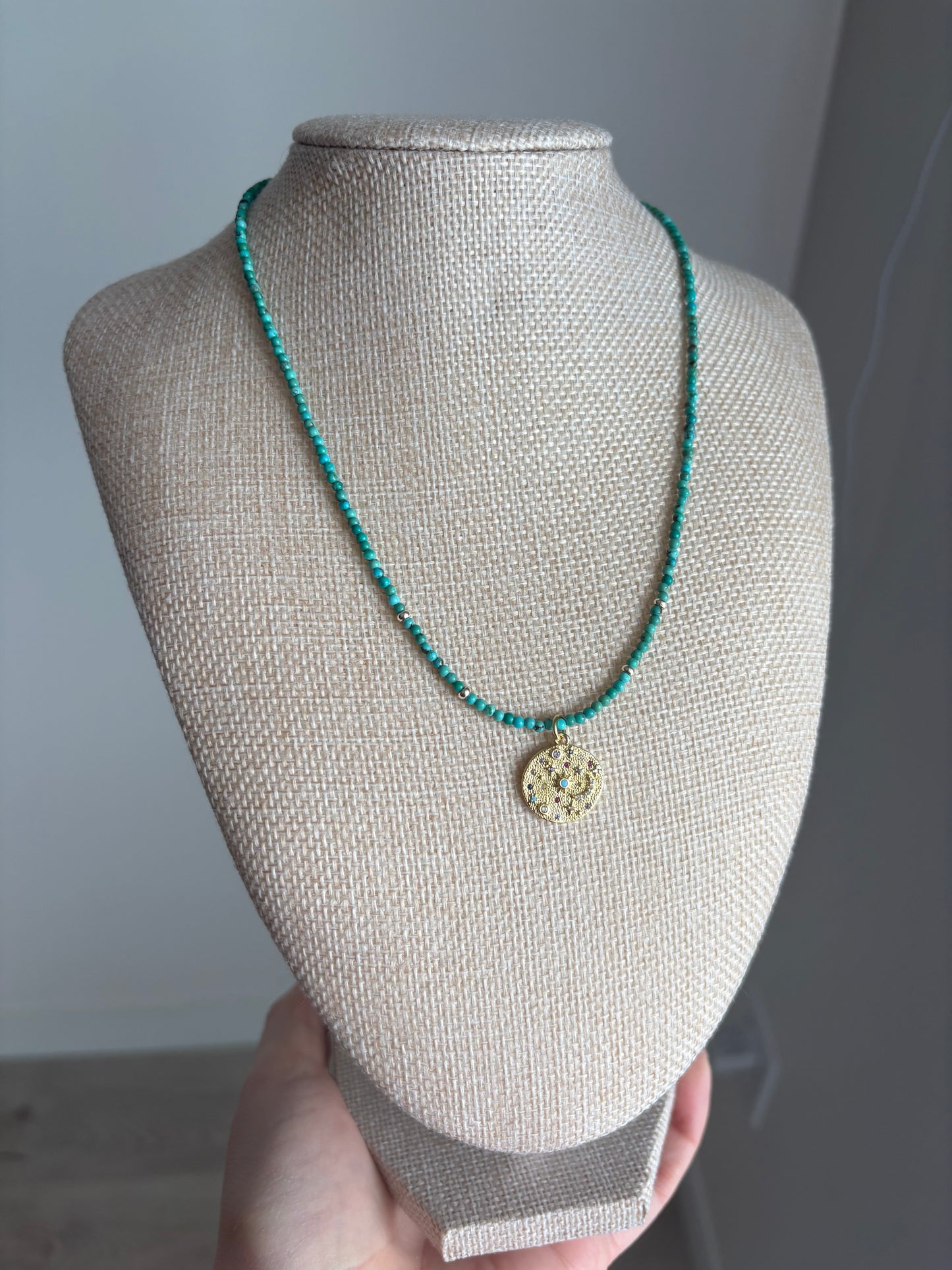 Turquoise Necklace with 24K Gold-Plated Celestial Pendant & Multicolor Stones | 18” Gold-Filled