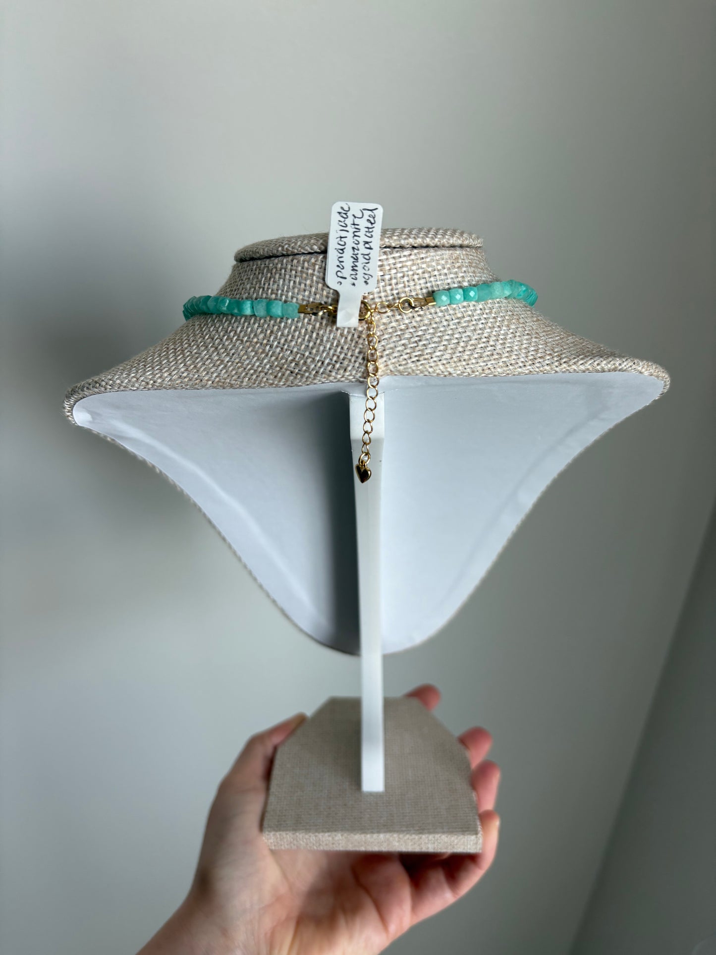 Amazonite Necklace with Teardrop Peridot Jade Pendant & Magenta Sardonyx Accents with Gold-Filled Puffy Heart Extender (15–17”)