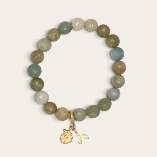 Aquamarine Whale Tail & Shell Stretch Bracelet | 24K Gold Filled Charms
