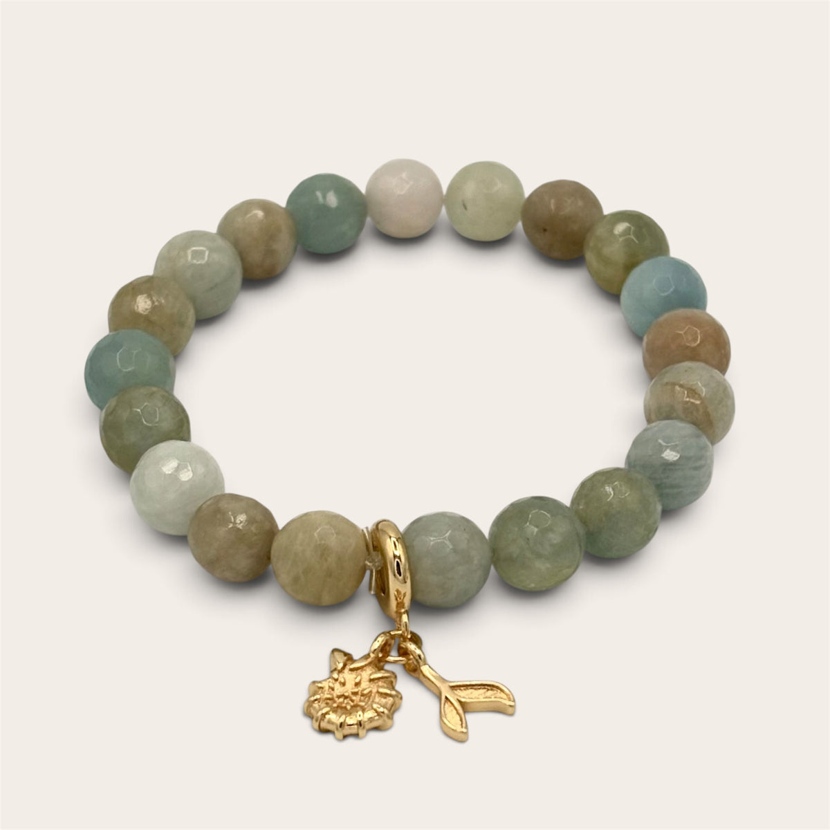 Aquamarine Whale Tail & Shell Stretch Bracelet | 24K Gold Filled Charms
