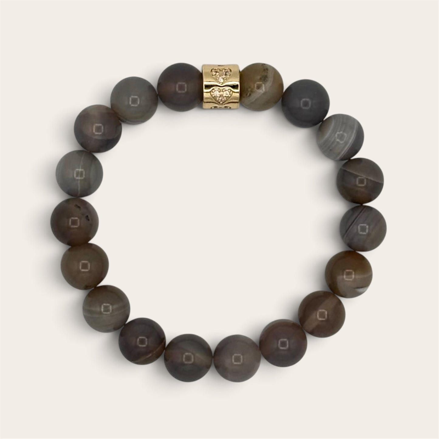 Striped Grey Agate Heart Stretch Bracelet | 24K Gold Filled CZ Spacer