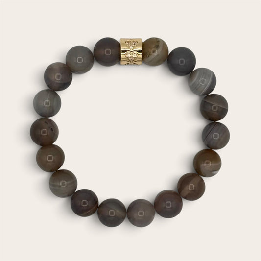 Striped Grey Agate Heart Stretch Bracelet | 24K Gold Filled CZ Spacer