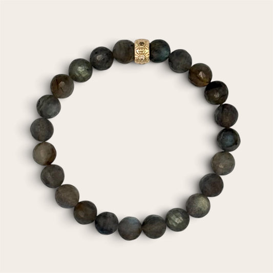 Faceted Labradorite Bracelet with Celestial Sun Charm – 6.5mm Gemstone Stretch