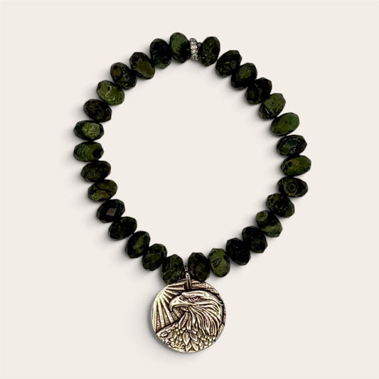 Green & Black Jasper Football Fan Stretch Bracelet | Rhodium Eagle Coin Charm