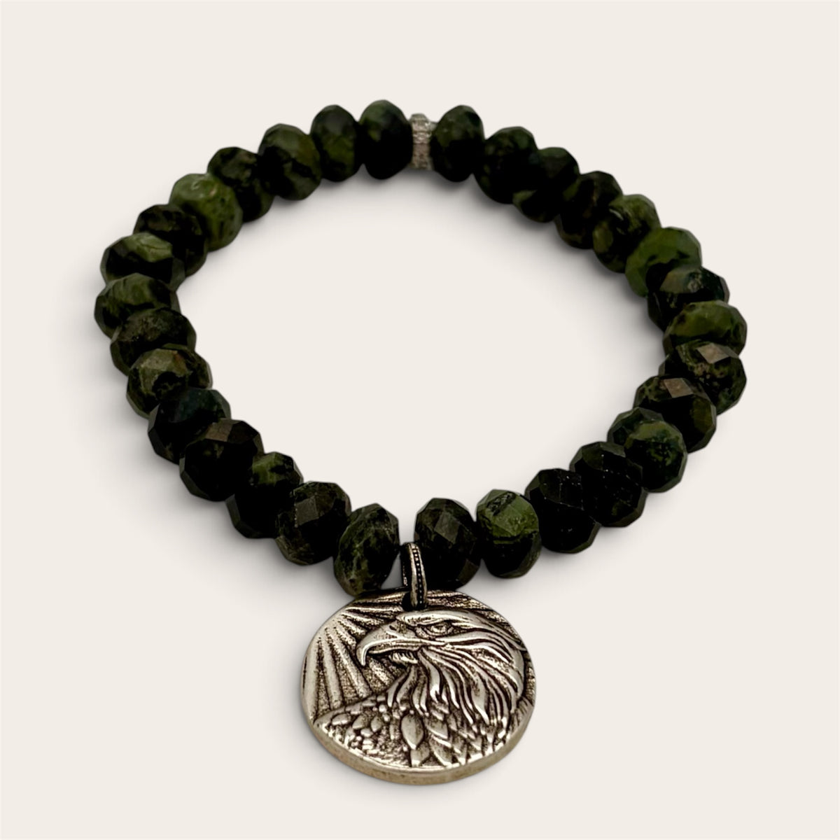 Green & Black Jasper Football Fan Stretch Bracelet | Rhodium Eagle Coin Charm