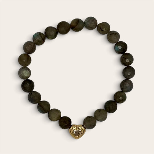 Labradorite & 18k Gold-Filled Heart Gemstone Stretch Bracelet