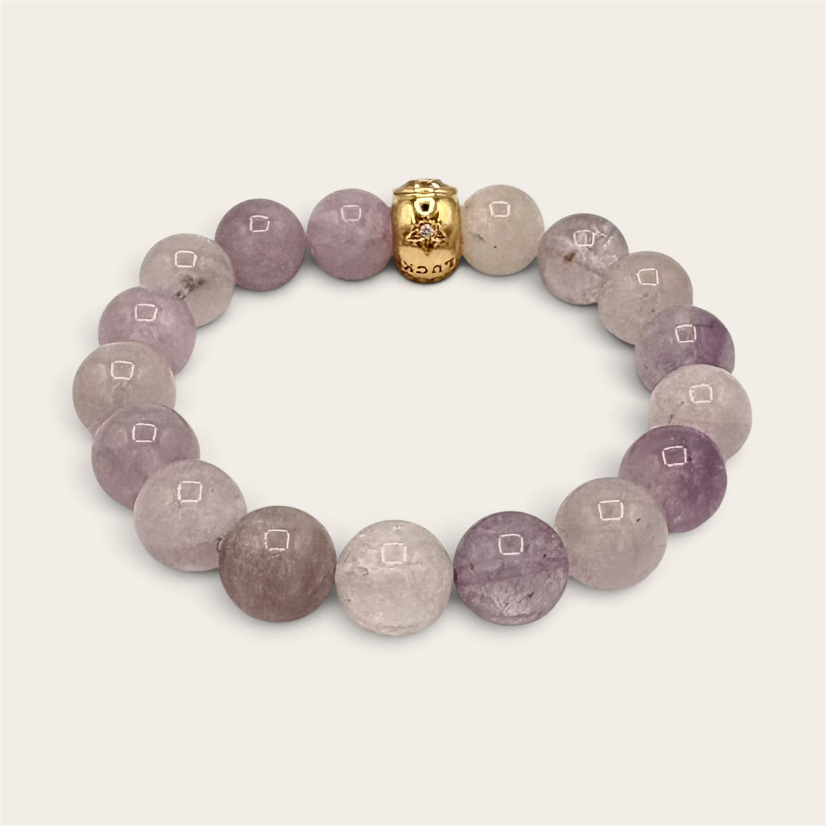 Lavender Amethyst “Good Luck” Bracelet – 10mm Gemstone Stretch with Gold Horseshoe Charm