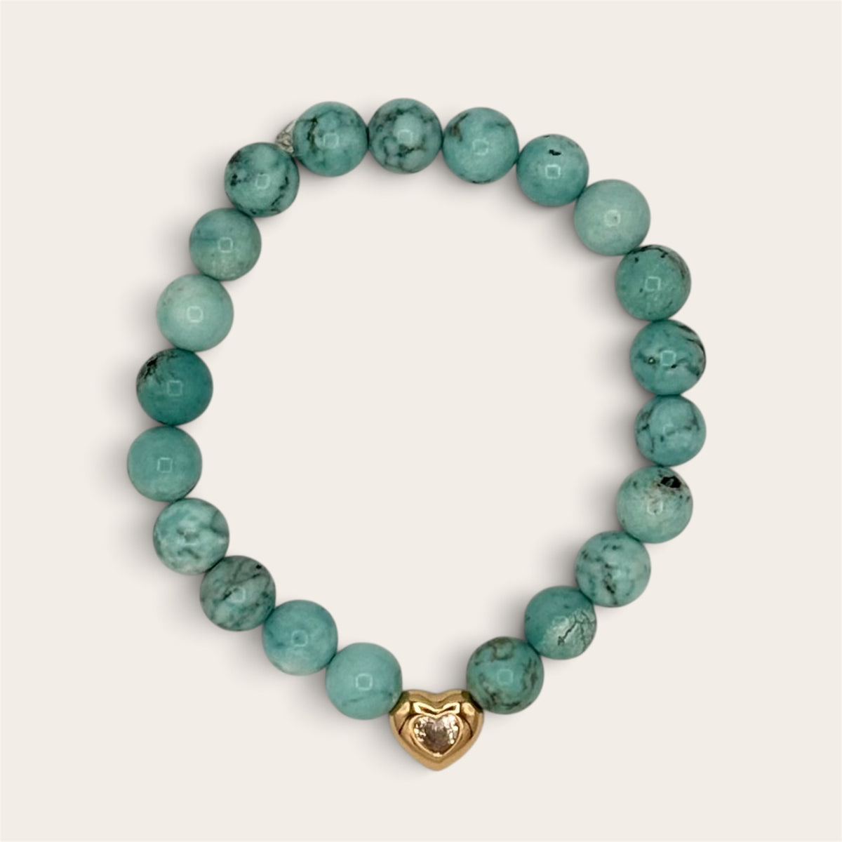 Turquoise Howlite Bracelet with Gold Heart Charm – 8mm Gemstone Stretch Bracelet