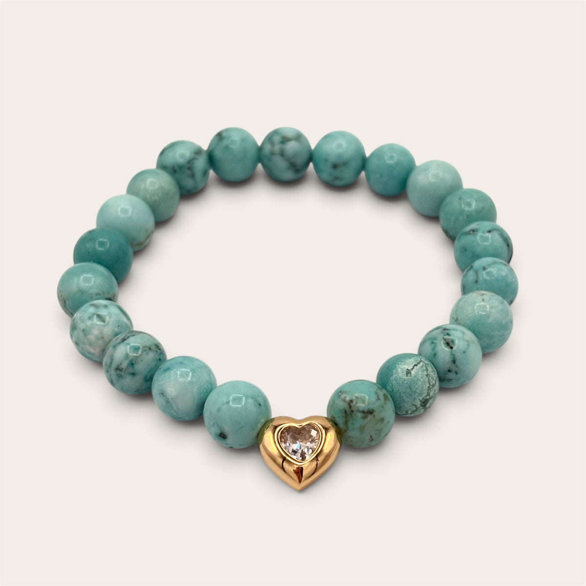Turquoise Howlite Bracelet with Gold Heart Charm – 8mm Gemstone Stretch Bracelet