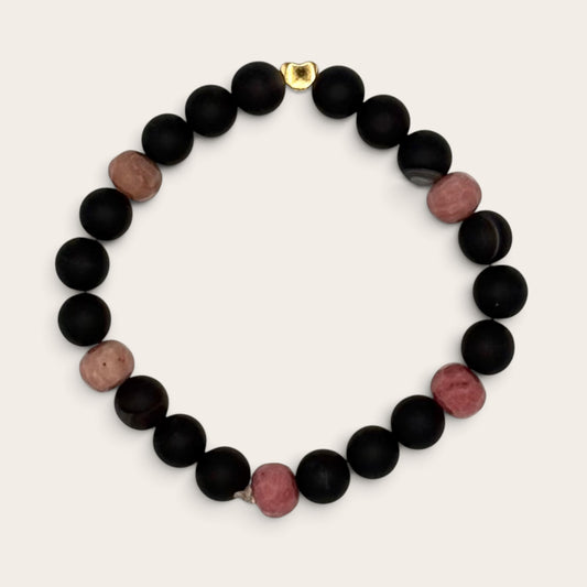 Sardonyx & Rhodonite Stretch Bracelet with 18k Gold-Filled Heart Spacer