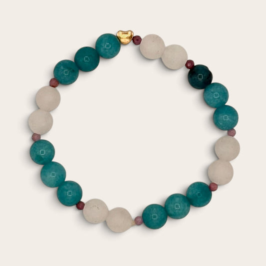 Blue Quartz, Tourmaline & White Jade Stretch Bracelet with 18k Gold-Filled Heart Spacer