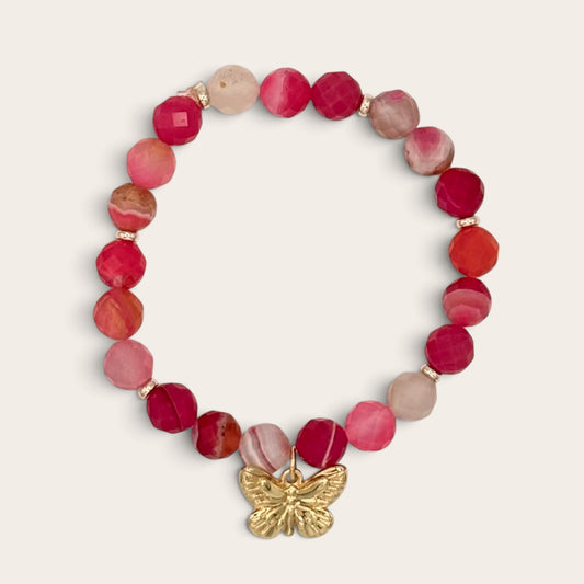 Magenta Sardonyx Stretch Bracelet with 24k Gold-Filled Butterfly Charm