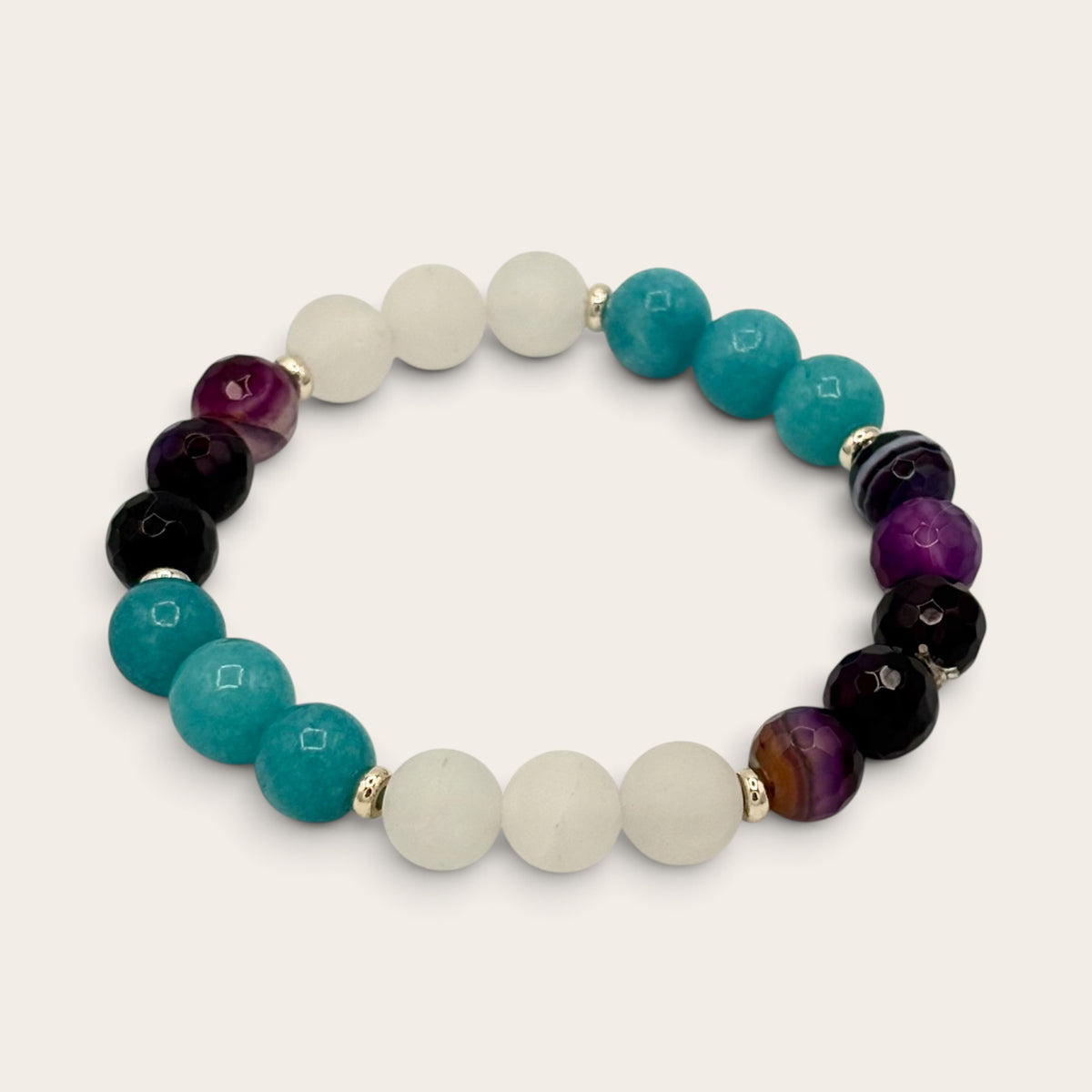 Amethyst, White Jade & Blue Quartz Stretch Bracelet with 18k Gold-Filled Spacers